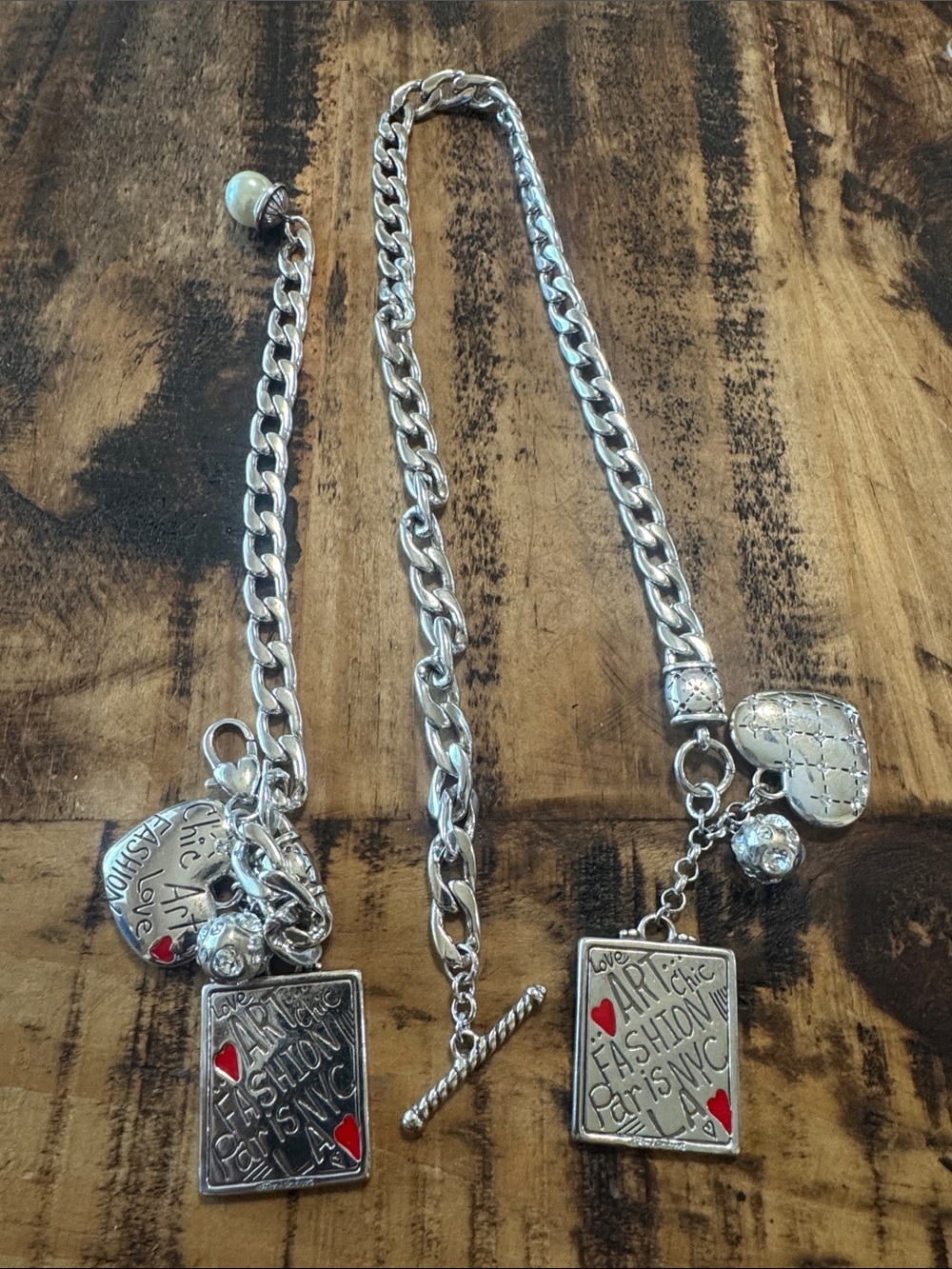 Brighton Silver-Tone Heart and Charm Toggle Necklace with Red Accents